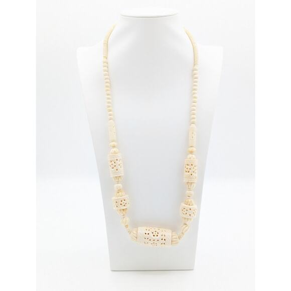 Antique Cream Hand Carved Pierced Bead Barrel Clasp 26" Necklace - Picture 2 of 10